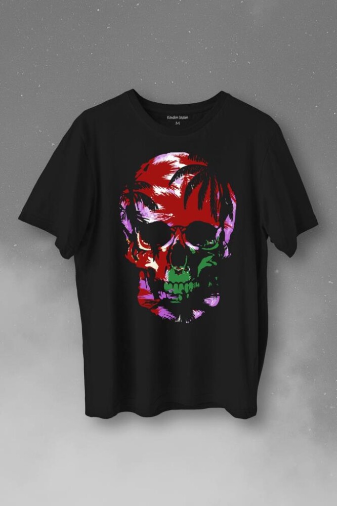 Rengarenk Kafatası Skull Head Lila Renkleri Baskılı Tişört Unisex T-Shirt - 1