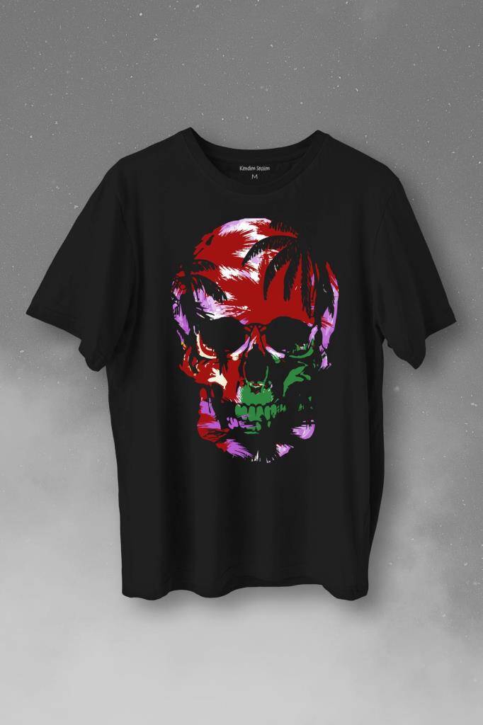 Rengarenk Kafatası Skull Head Lila Renkleri Baskılı Tişört Unisex T-Shirt - 1