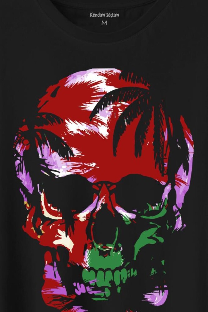 Rengarenk Kafatası Skull Head Lila Renkleri Baskılı Tişört Unisex T-Shirt - 2