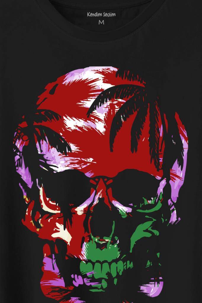 Rengarenk Kafatası Skull Head Lila Renkleri Baskılı Tişört Unisex T-Shirt - 2