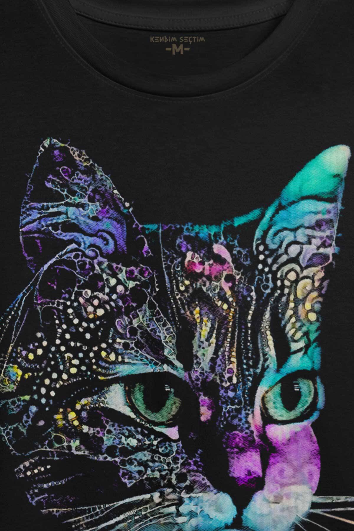 Rengarenk Kedi Gökkuşağı Renkleri Cat Baskılı Tişört Unisex T-shirt - 2
