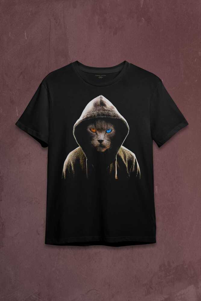 Renkli Gözlü Hacker Korsan Kedi Cat Baskılı Tişört Unisex T-shirt - 1