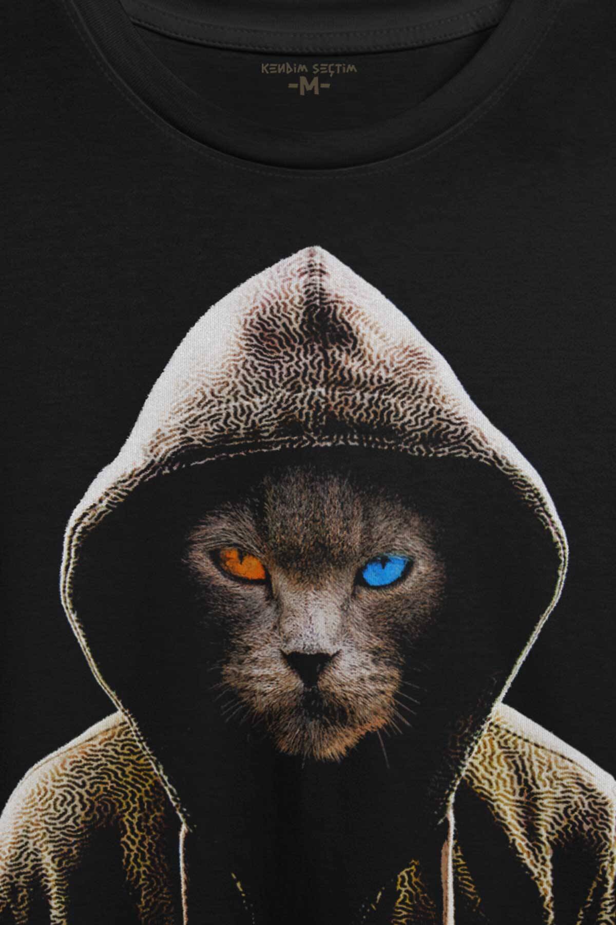 Renkli Gözlü Hacker Korsan Kedi Cat Baskılı Tişört Unisex T-shirt - 2