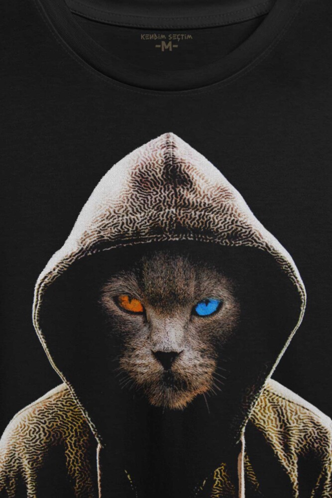 Renkli Gözlü Hacker Korsan Kedi Cat Baskılı Tişört Unisex T-shirt (1)