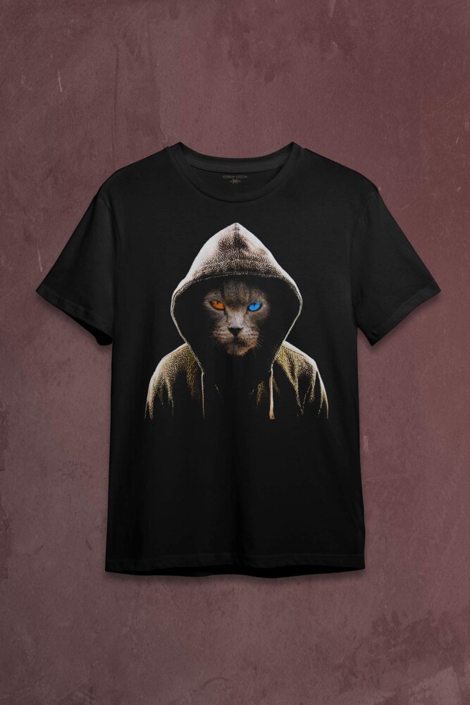 Renkli Gözlü Hacker Korsan Kedi Cat Baskılı Tişört Unisex T-shirt - 1