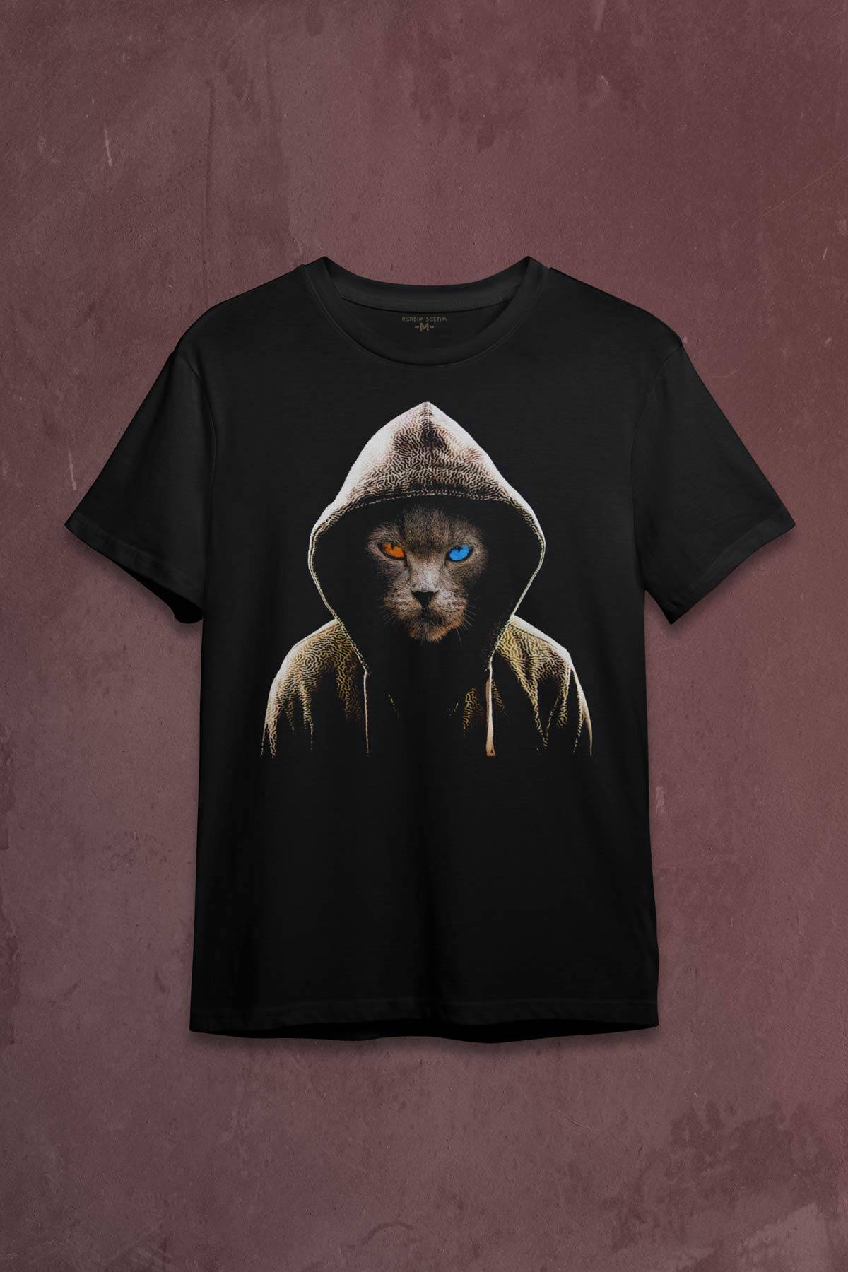 Renkli Gözlü Hacker Korsan Kedi Cat Baskılı Tişört Unisex T-shirt - 1