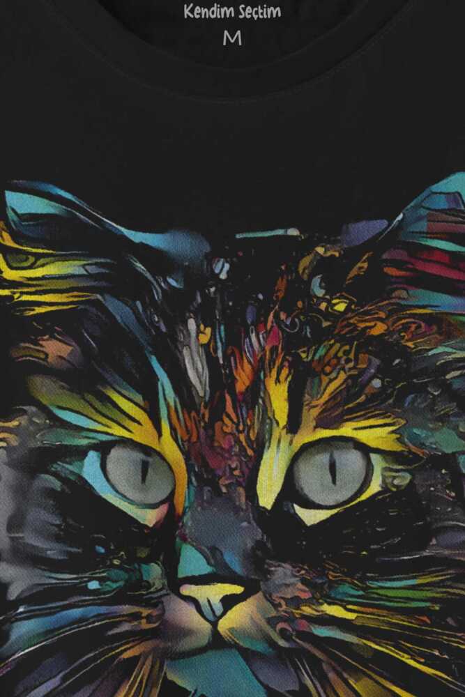 Renkli Sevimli Kedi Rengarenk Minnoş Cat Baskılı Tişört Unisex T-shirt - 2