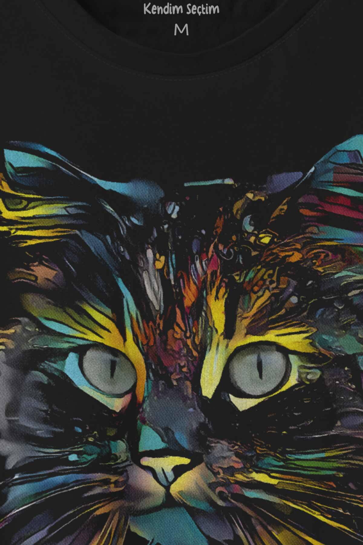 Renkli Sevimli Kedi Rengarenk Minnoş Cat Baskılı Tişört Unisex T-shirt - 2