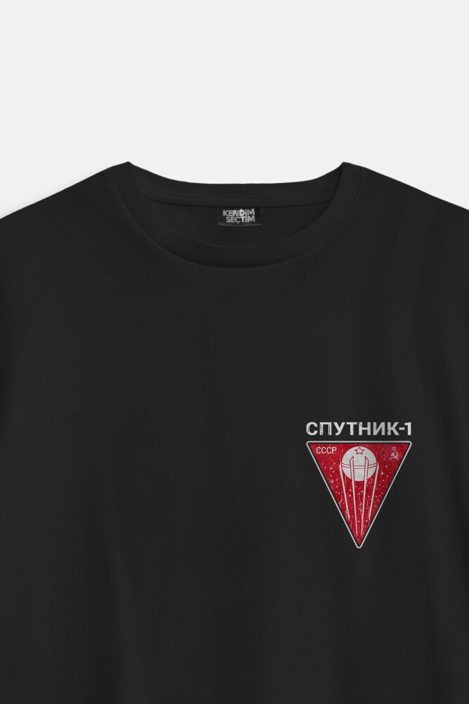 Retro Sputnik Logo CCCP Sovyet Space Uzay Bilim Minimal Baskılı Siyah Oversize T-shirt - 1