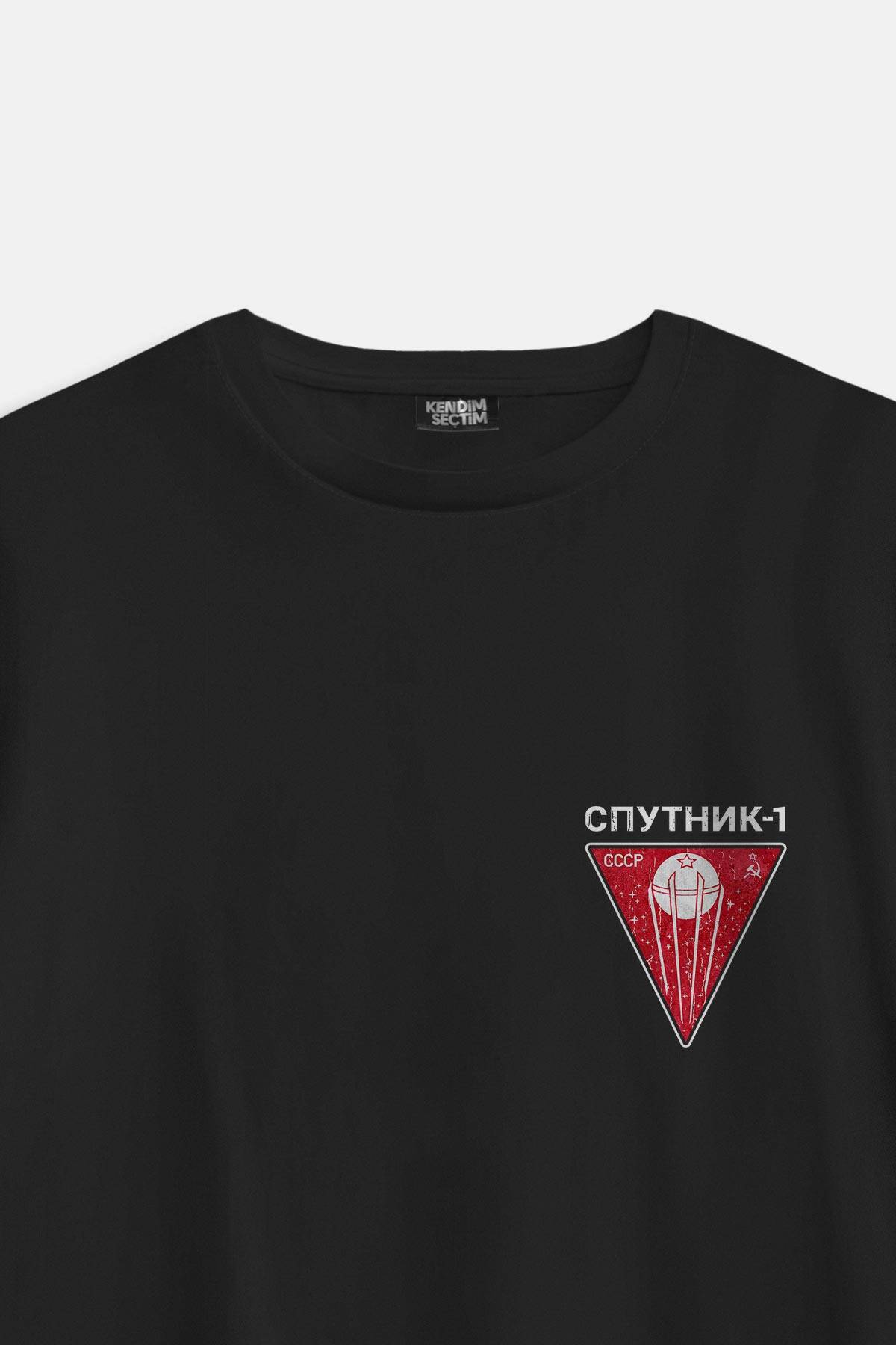 Retro Sputnik Logo CCCP Sovyet Space Uzay Bilim Minimal Baskılı Siyah Oversize T-shirt - 1