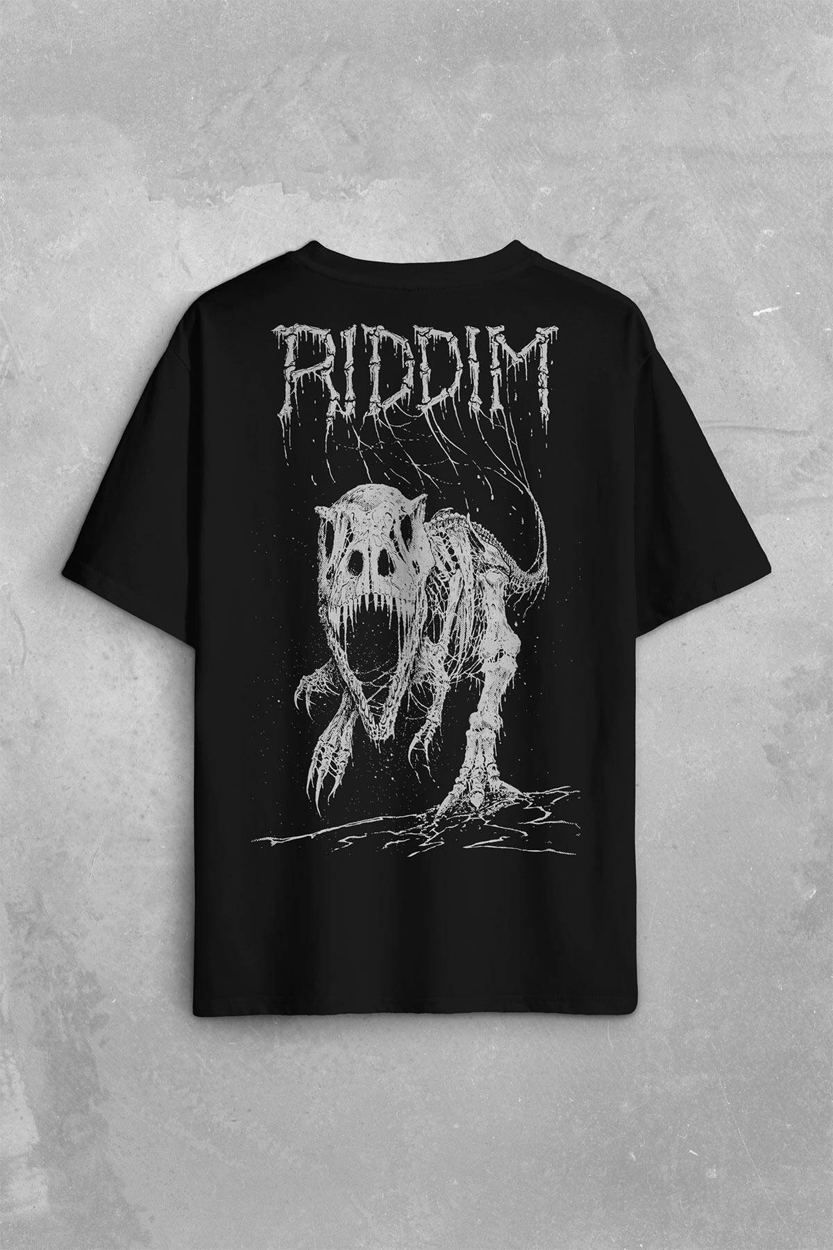 Riddim Dinazor T-Rex Metal Rock Dinosaurs Gothic Sırt Ön Baskılı Oversize Tişört Unisex T-Shirt - 1