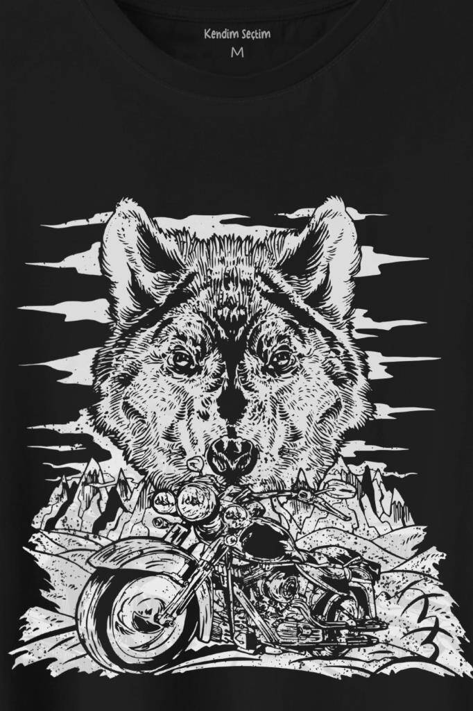 Ride To Wild Wolf And Motorcycle Kurt Ve Motor Outdoor Baskılı Tişört Unisex T-Shirt (1)