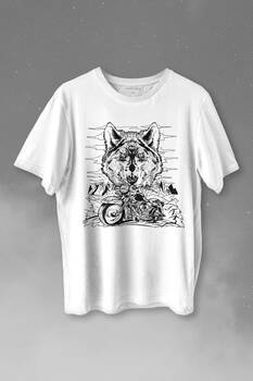Ride To Wild Wolf And Motorcycle Kurt Ve Motor Outdoor Baskılı Tişört Unisex T-shirt - 1