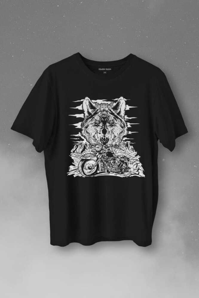 Ride To Wild Wolf And Motorcycle Kurt Ve Motor Outdoor Baskılı Tişört Unisex T-Shirt - 1