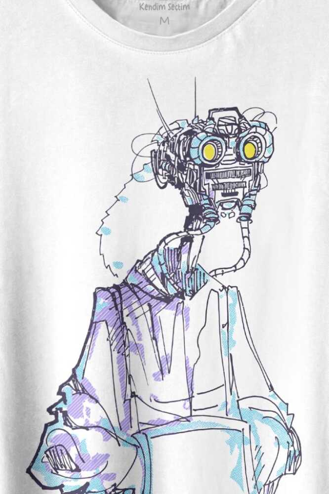 Robot Head Si-fi Bilimkurgu Baskılı Tişört Unisex T-shirt - 2
