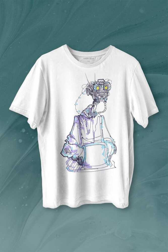 Robot Head Si-fi Bilimkurgu Baskılı Tişört Unisex T-shirt