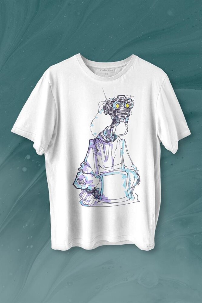 Robot Head Si-fi Bilimkurgu Baskılı Tişört Unisex T-shirt - KENDİM SEÇTİM