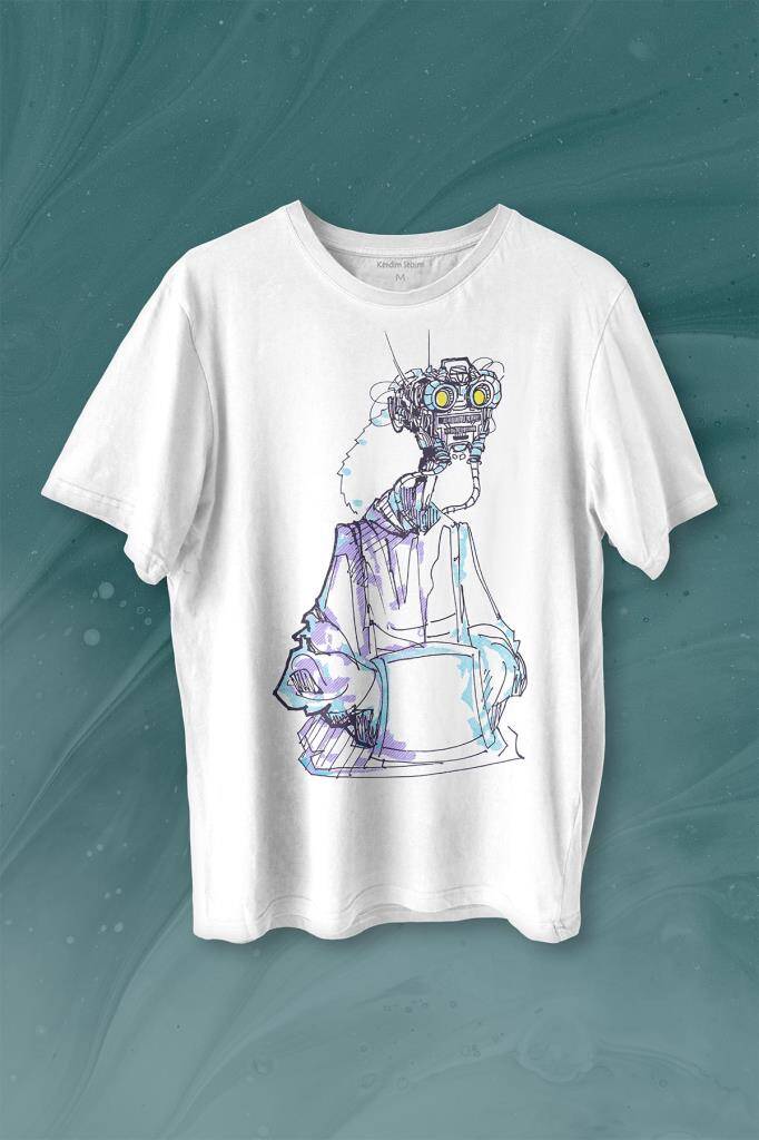 Robot Head Si-fi Bilimkurgu Baskılı Tişört Unisex T-shirt - 1