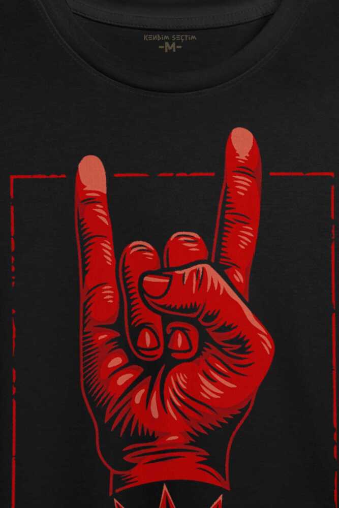 Rock'n Roll Music İşareti Baskılı Tişört Unisex T-shirt (1)