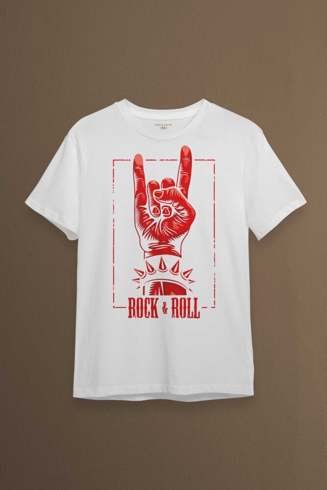 Rock'n Roll Music İşareti Baskılı Tişört Unisex T-shirt - 1