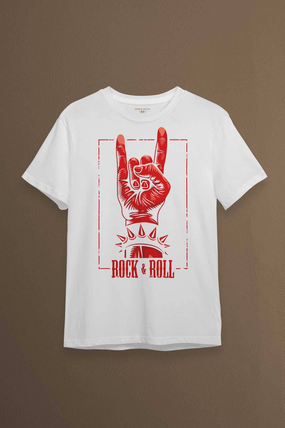 Rock'n Roll Music İşareti Baskılı Tişört Unisex T-shirt - 1