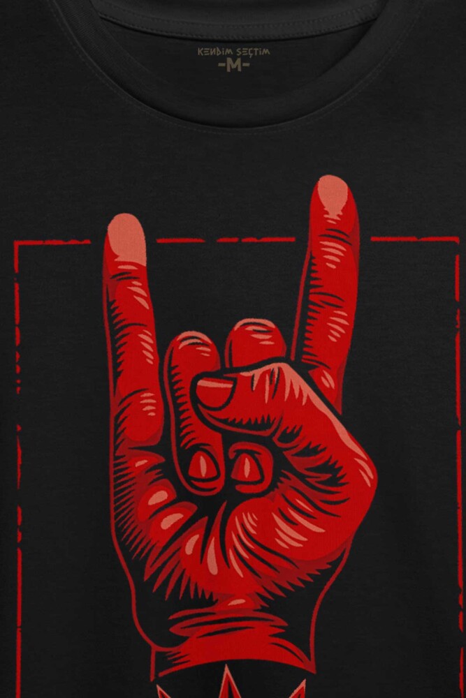 Rock'n Roll Music İşareti Baskılı Tişört Unisex T-shirt - 2