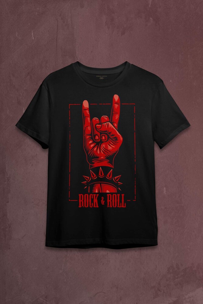 Rock'n Roll Music İşareti Baskılı Tişört Unisex T-shirt - 1