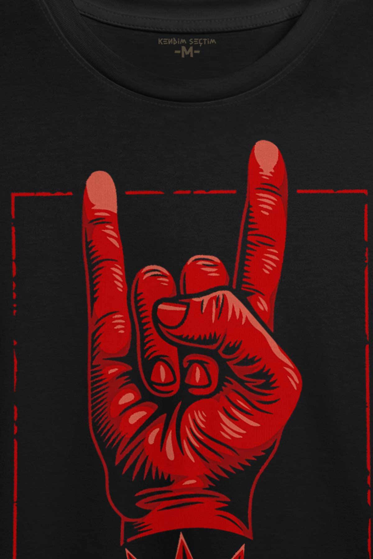 Rock'n Roll Music İşareti Baskılı Tişört Unisex T-shirt - 2