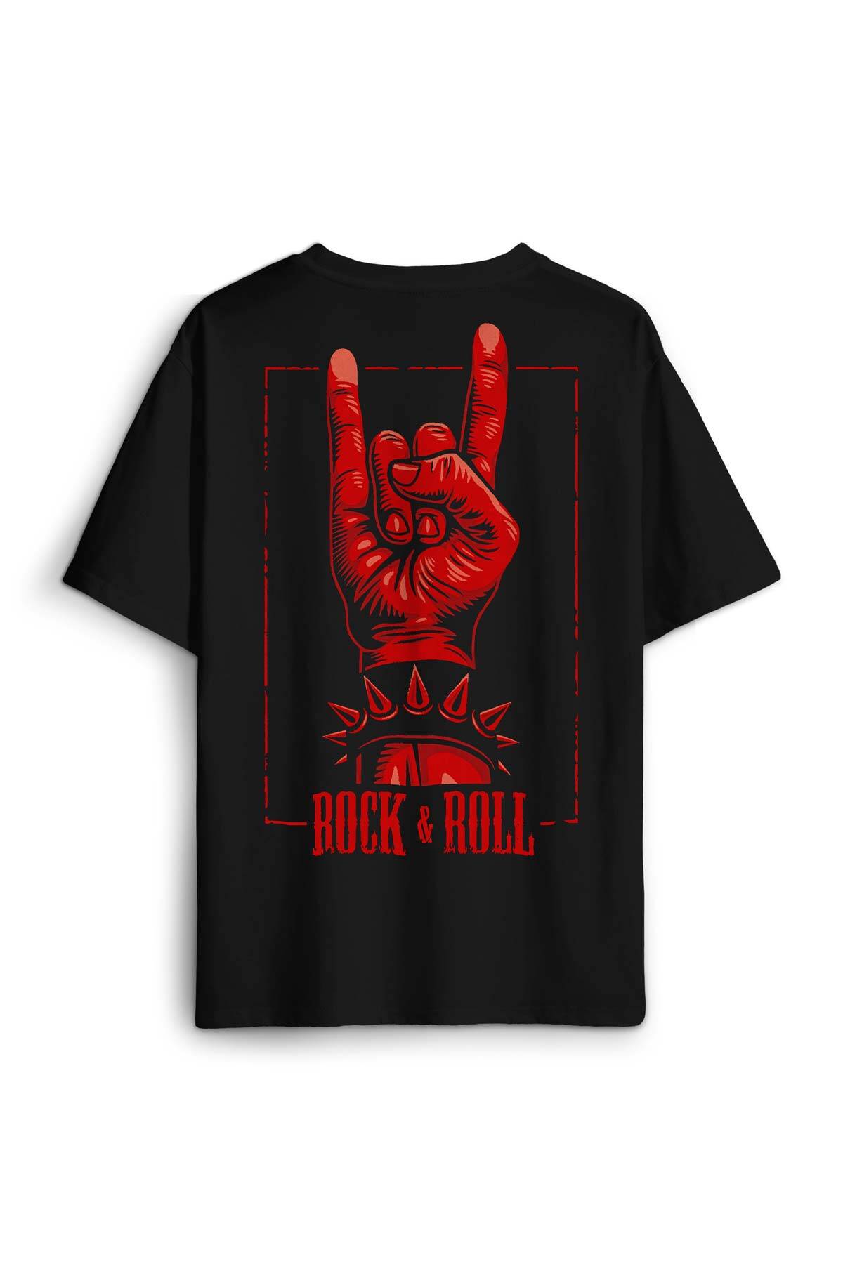 Rock'n Roll Music İşareti Rock Metal Müzik Sırt Ön Baskılı Oversize Tişört Unisex T-Shirt - 1