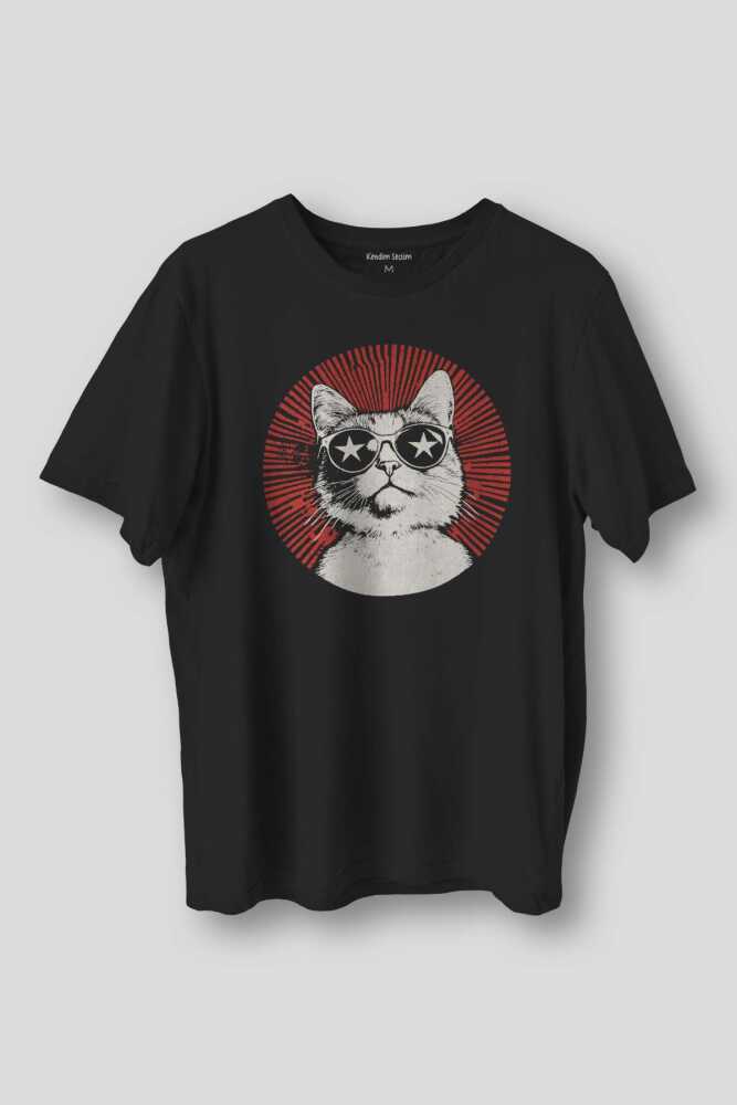 Rockstar Cat Yıldız Süper Star Kedi Baskılı T-shirt Unisex Siyah Tişört