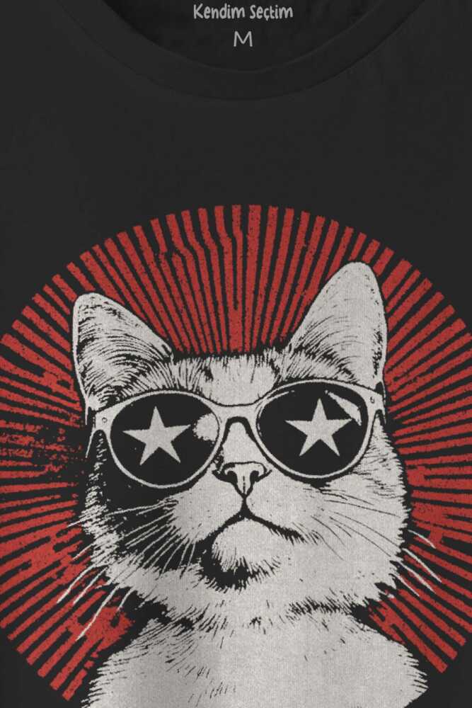 Rockstar Cat Yıldız Süper Star Kedi Baskılı T-shirt Unisex Siyah Tişört (1)