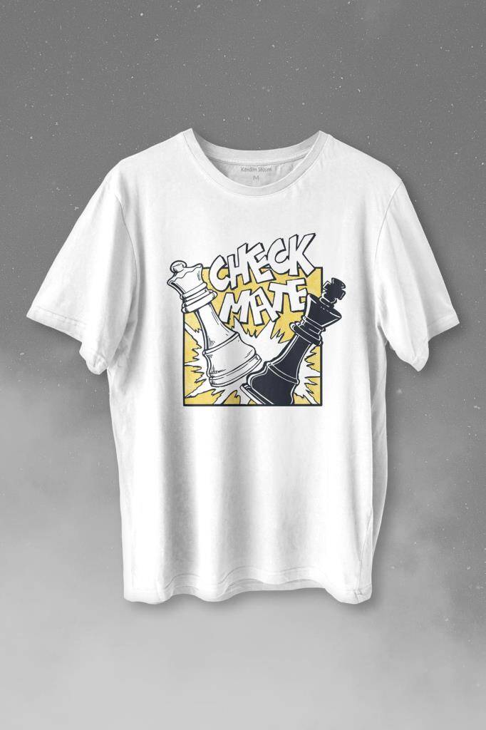 Şah Mat Satranç Check Mate Chess Kral Kraliçe Gambit Baskılı Tişört Unisex T-shirt - 1
