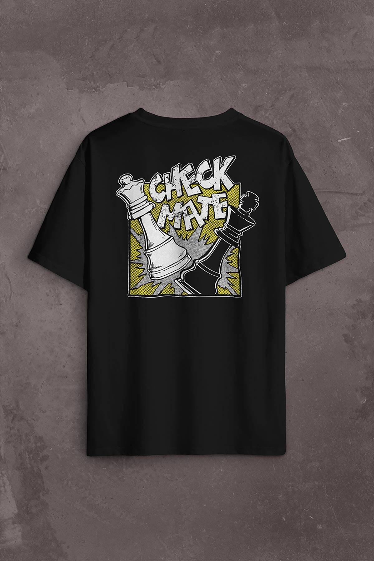 Şah Mat Satranç Check Mate Chess Kral Kralıçe Gambit Sırt Ön Baskılı Oversize Tişört Unisex T-Shirt - 1