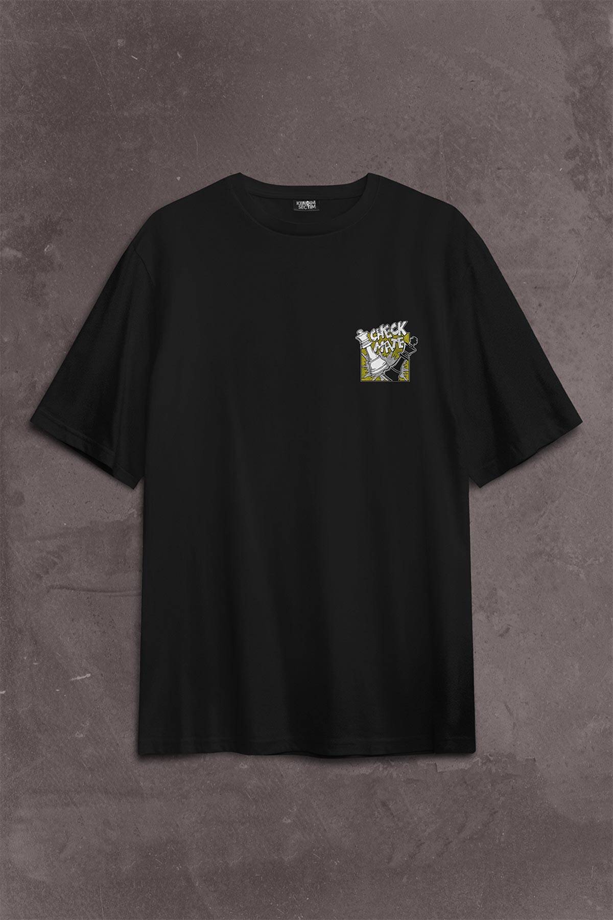 Şah Mat Satranç Check Mate Chess Kral Kralıçe Gambit Sırt Ön Baskılı Oversize Tişört Unisex T-Shirt (1)