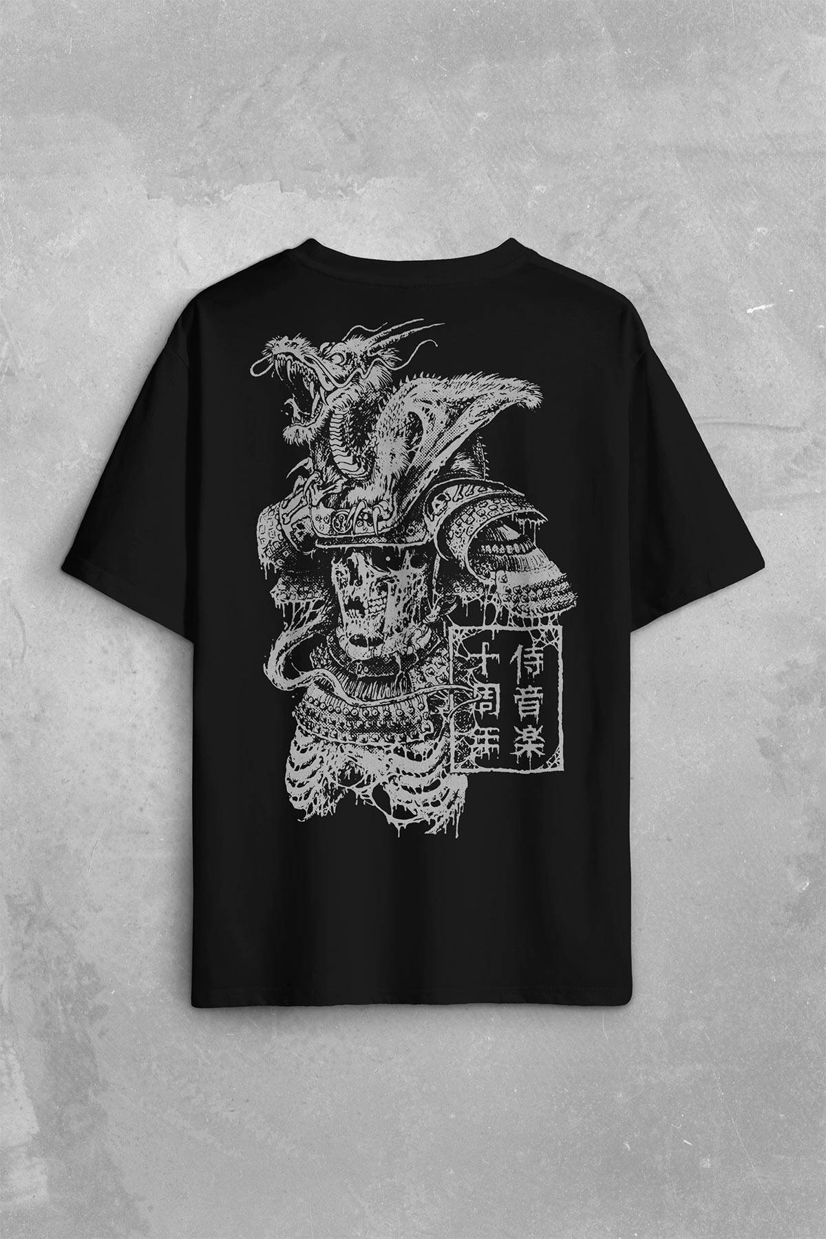 Samurai Japanese Samuray Japonca Street Wear Urban Sırt Ön Baskılı Oversize Tişört Unisex T-Shirt - 1
