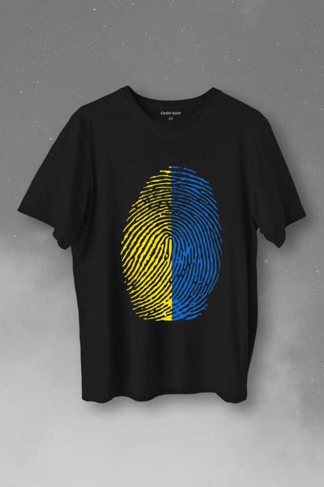 Sarı Lacivert Parmak İzi Baskılı Tişört Unisex T-Shirt - 1