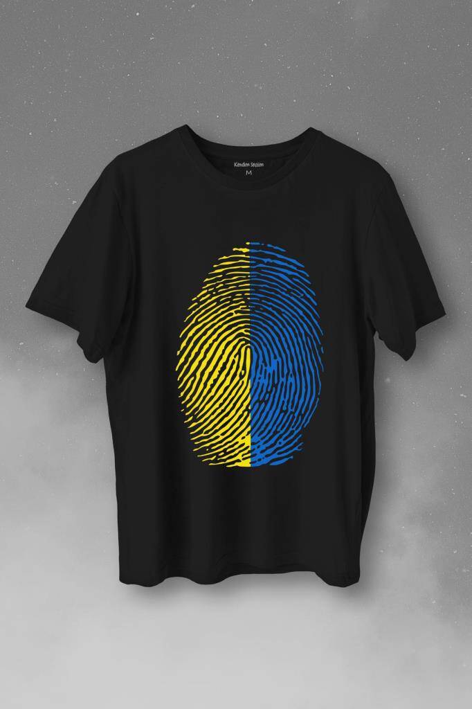 Sarı Lacivert Parmak İzi Baskılı Tişört Unisex T-Shirt - 1