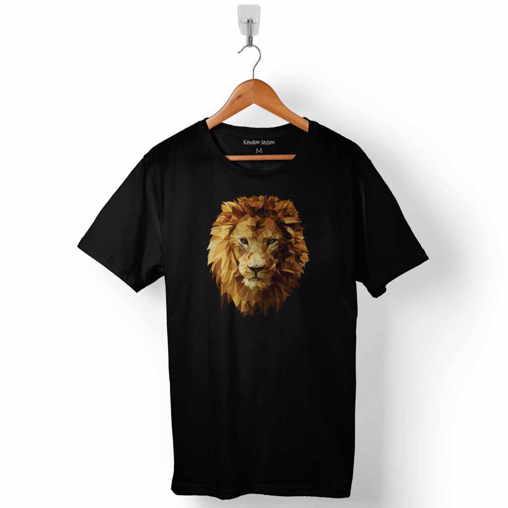 Sarı Yeleli Aslan Kafası Lion Head Silüet Baskılı Tişört Unisex T-Shirt - 1