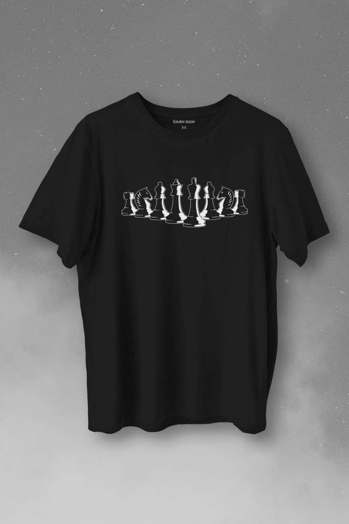 Satranç Taşları Takımı Şah Vezir Fil Kale Santranç Baskılı Tişört Unisex T-Shirt - 1