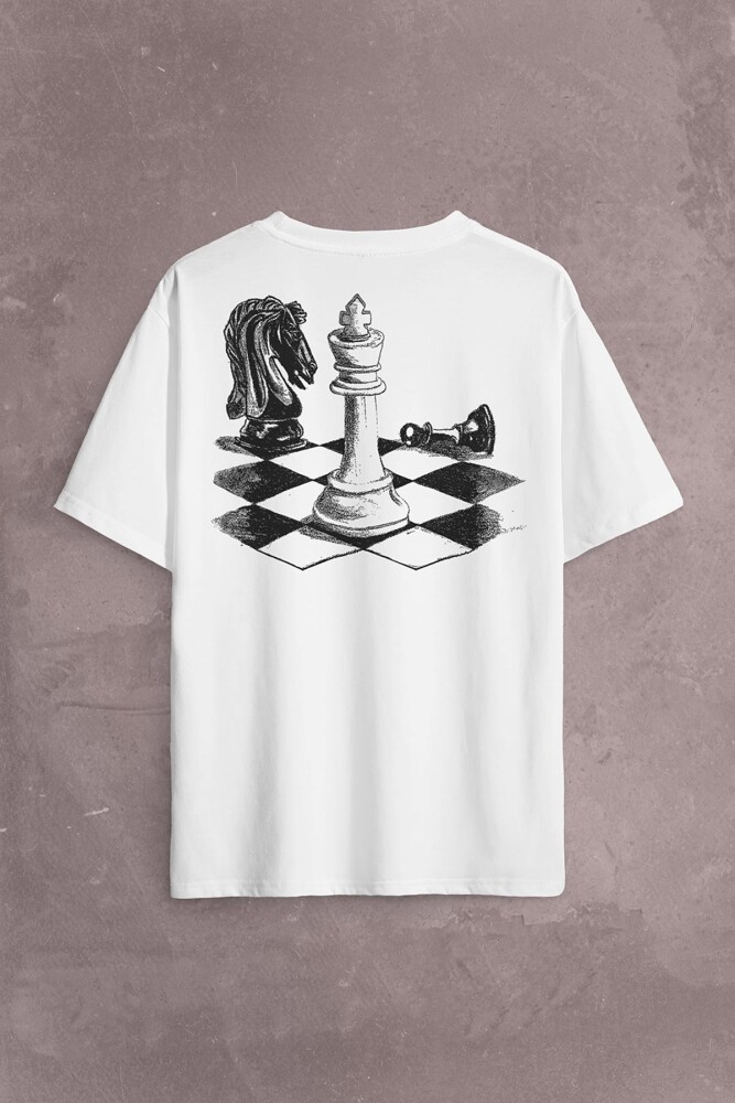 Satranç Zeka Oyunu Şah Mat Vezir Chess Santranç Sırt Ön Baskılı Oversize Tişört Unisex T-Shirt - 2