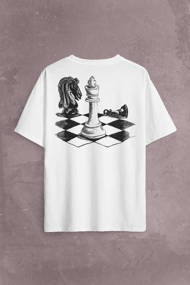 Satranç Zeka Oyunu Şah Mat Vezir Chess Santranç Sırt Ön Baskılı Oversize Tişört Unisex T-Shirt (1)