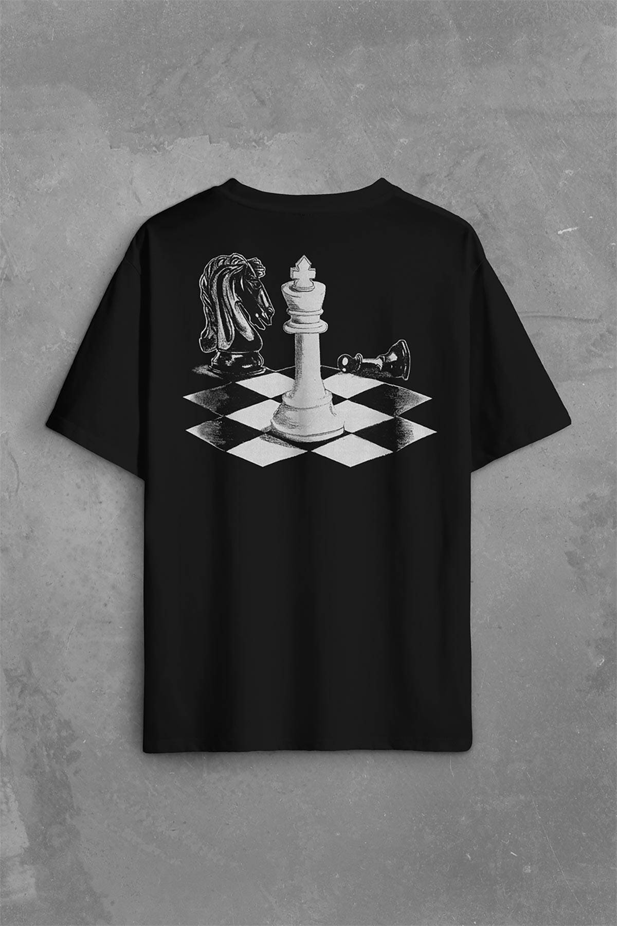 Satranç Zeka Oyunu Şah Mat Vezir Chess Santranç Sırt Ön Baskılı Oversize Tişört Unisex T-Shirt (1)