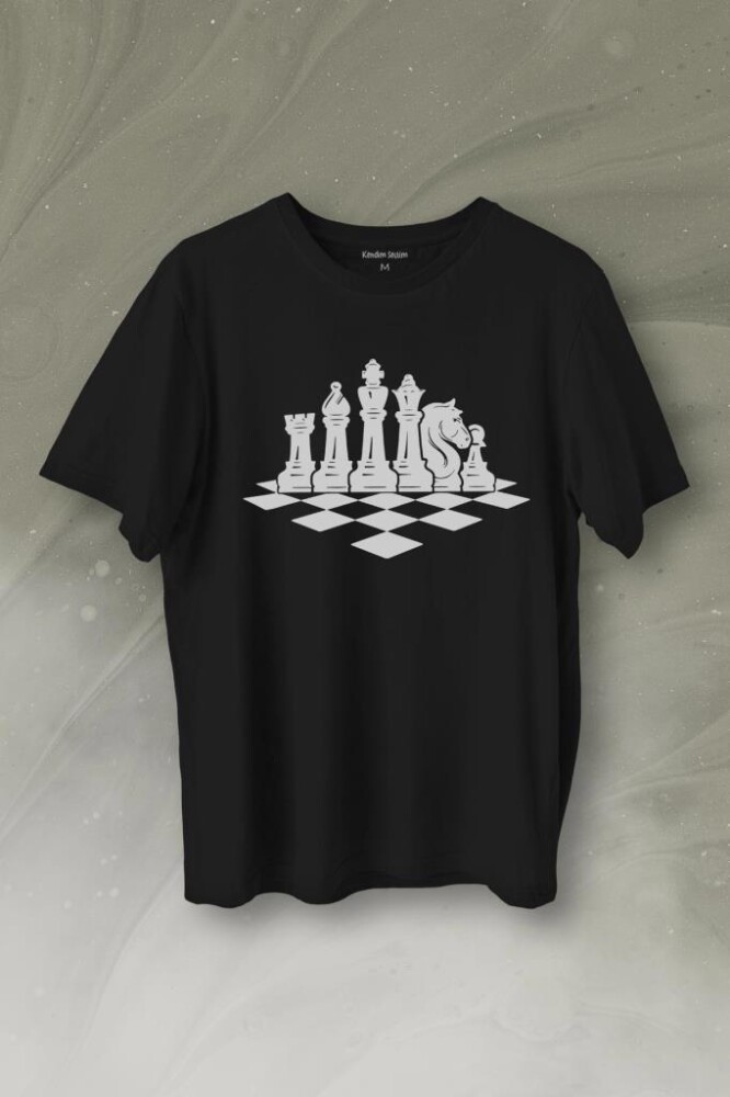 Satranç Zeka Strateji Oyunu Santranç Tahtası Baskılı Tişört Unisex T-Shirt - 1