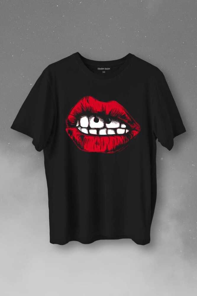 Seksi Dudaklar Sexy Piercing Kadın Ağzı Baskılı Tişört Unisex T-Shirt - 1