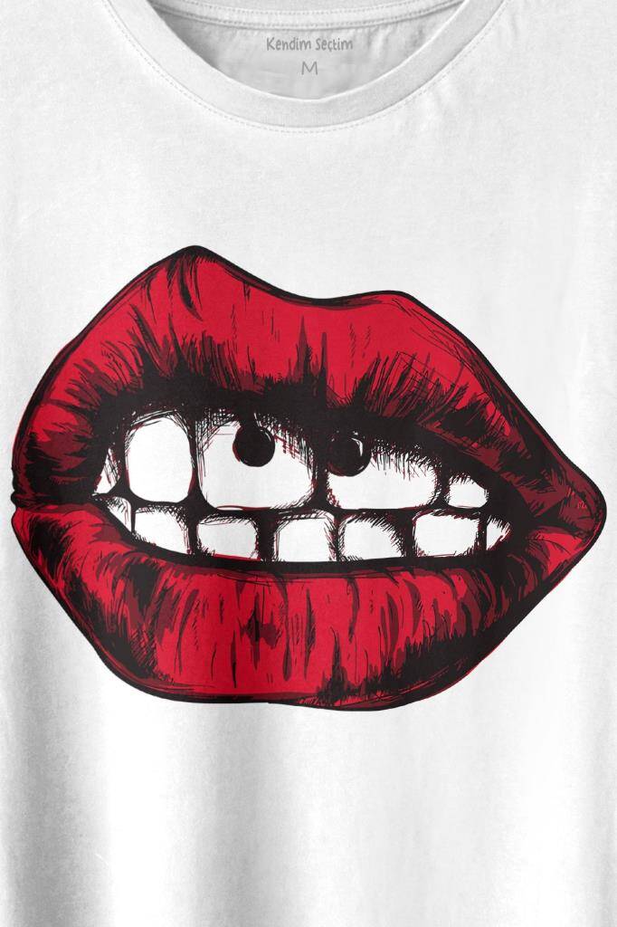 Seksi Dudaklar Sexy Piercing Kadın Ağzı Baskılı Tişört Unisex T-shirt (1)