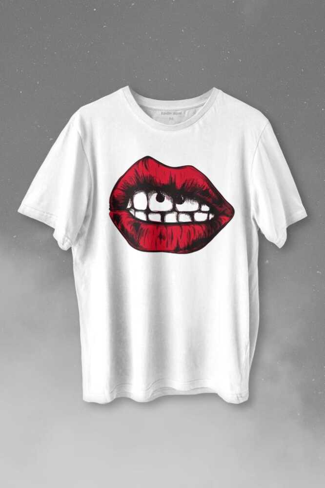 Seksi Dudaklar Sexy Piercing Kadın Ağzı Baskılı Tişört Unisex T-shirt - 1