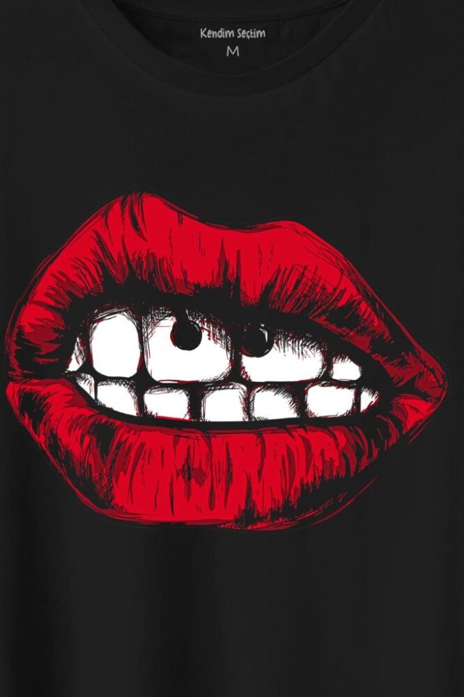 Seksi Dudaklar Sexy Piercing Kadın Ağzı Baskılı Tişört Unisex T-Shirt (1)