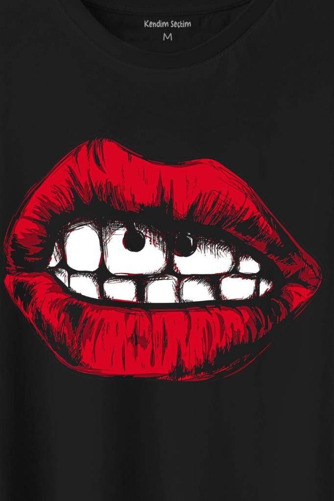 Seksi Dudaklar Sexy Piercing Kadın Ağzı Baskılı Tişört Unisex T-Shirt - 2