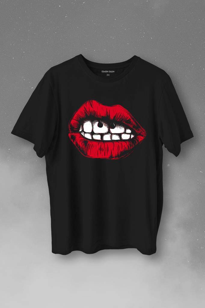 Seksi Dudaklar Sexy Piercing Kadın Ağzı Baskılı Tişört Unisex T-Shirt - 1