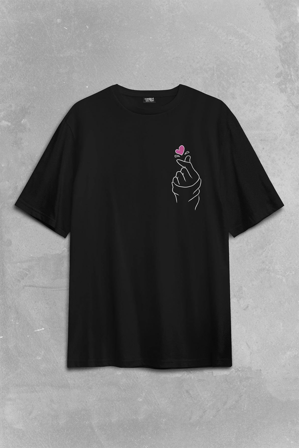 Seni Seviyorum Kore El İşareti Minimal Sırt Ön Baskılı Oversize Tişört Unisex T-Shirt (1)